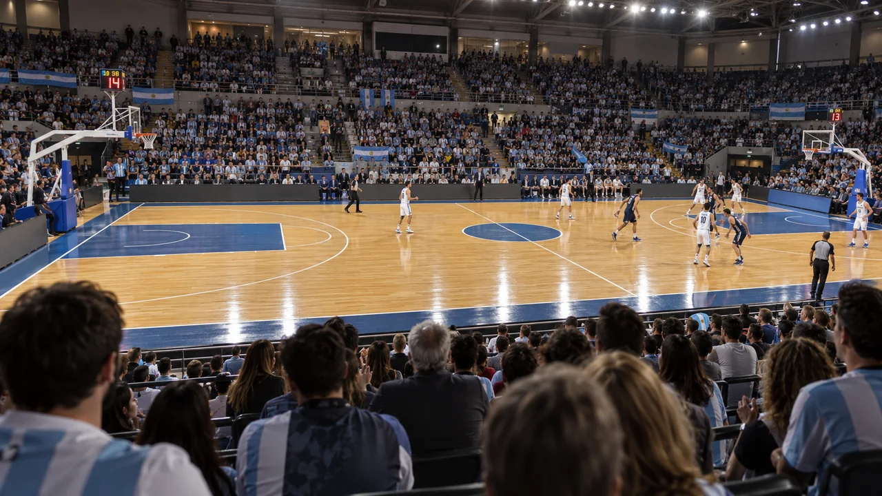 Ilustración de un partido de básquet en un estadio cubierto con banderas argentinas